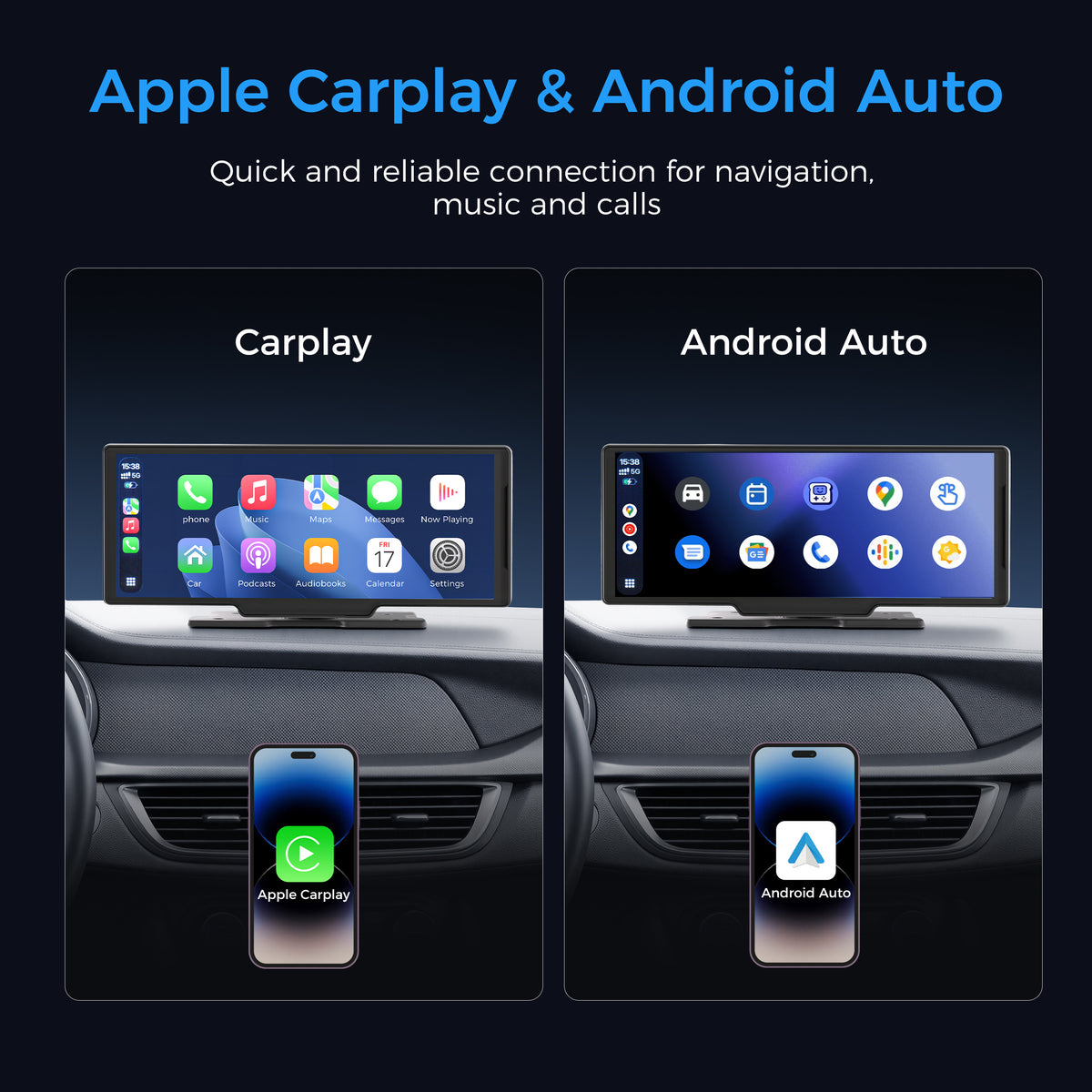 10.26" Portable Carplay Screen for Apple CarPlay&Android Auto,4K Dash Cam