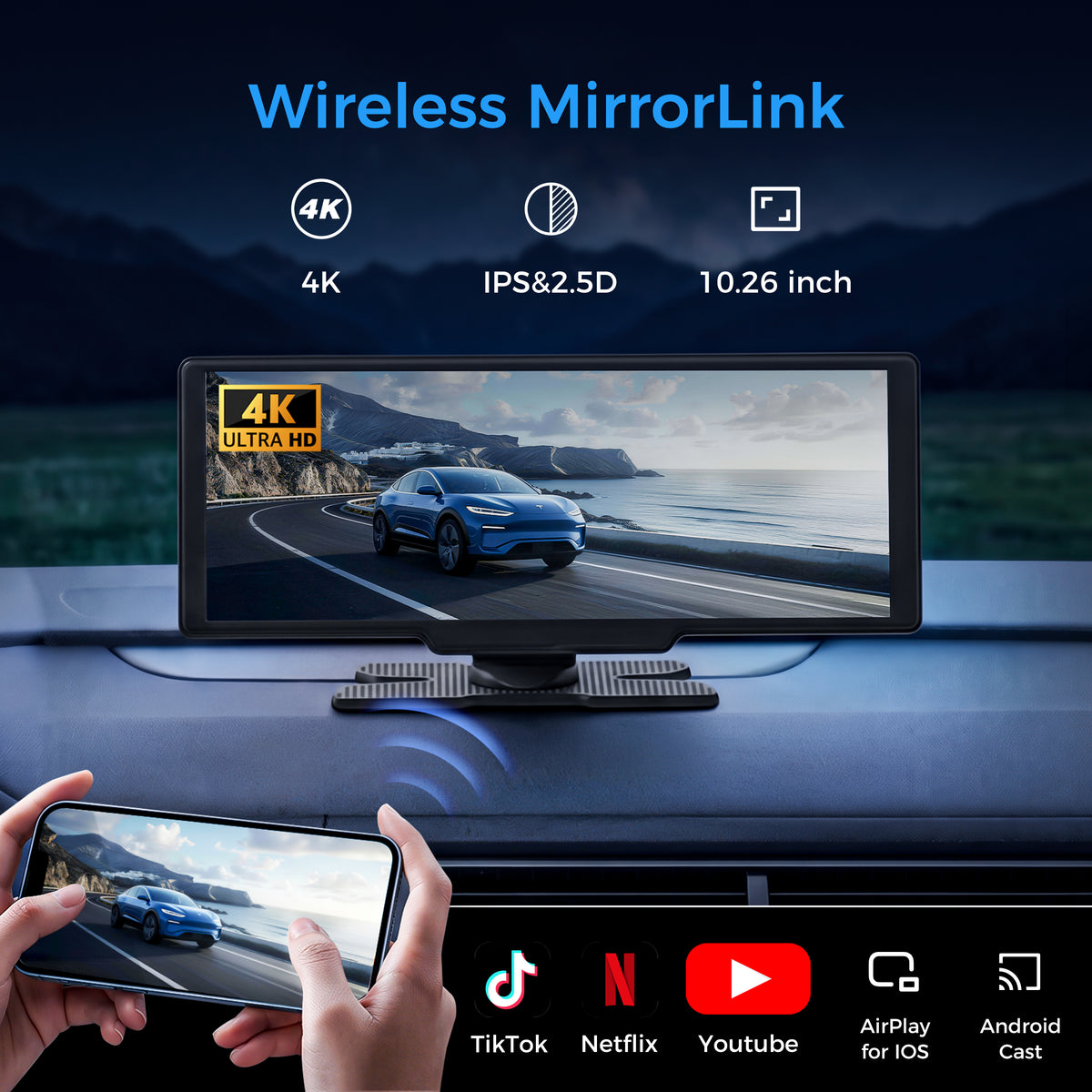 10.26" Portable Carplay Screen for Apple CarPlay&Android Auto,4K Dash Cam
